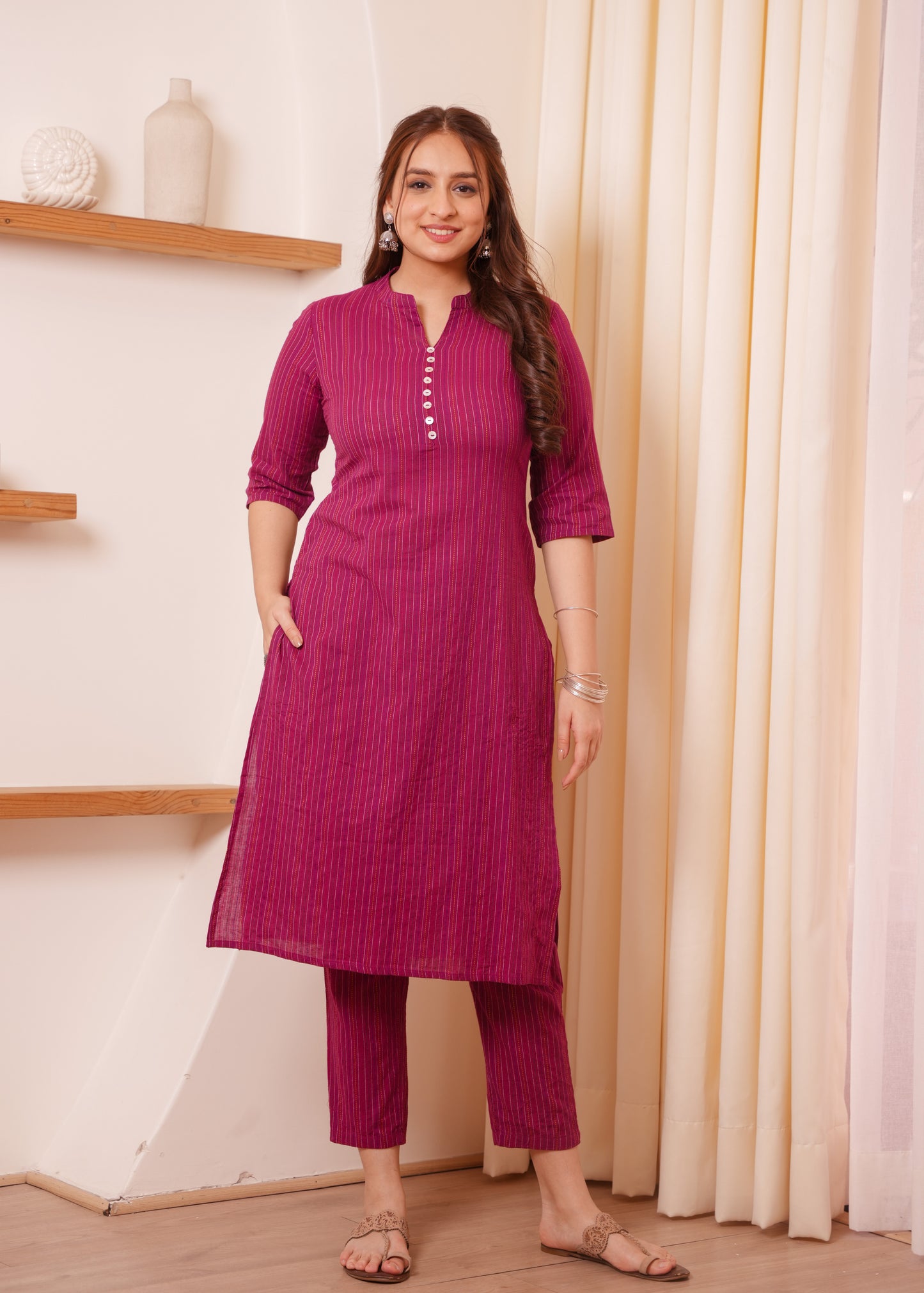 Kantha Cotton Woven Design Straight Fuchsia Kurta