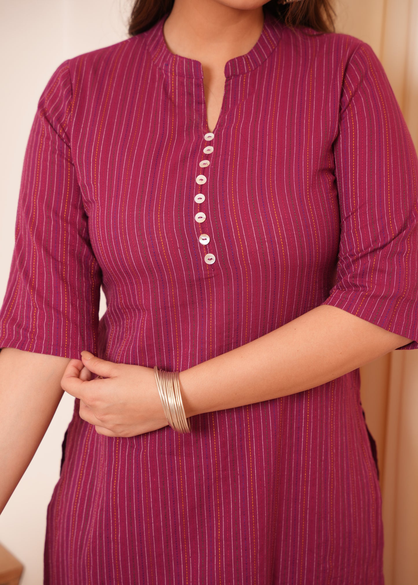 Kantha Cotton Woven Design Straight Fuchsia Kurta