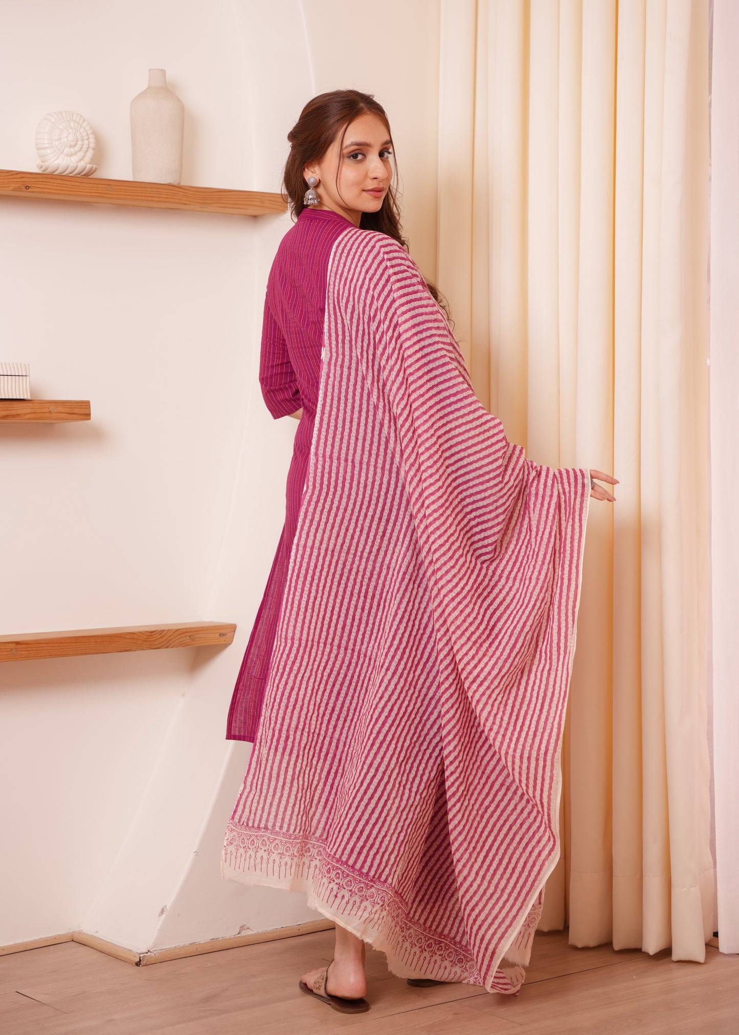 Kantha Cotton Woven Design Straight Fuchsia Kurta