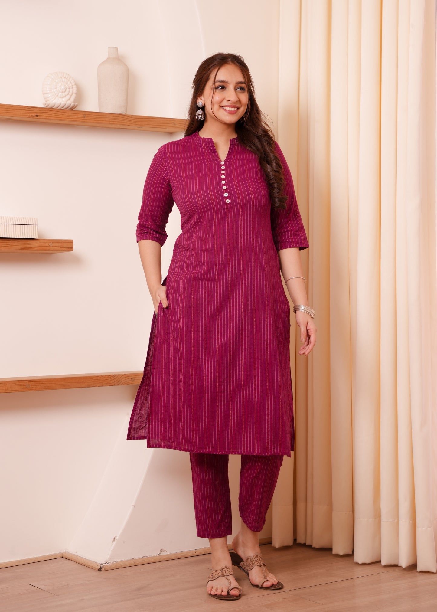 Kantha Cotton Woven Design Straight Fuchsia Kurta