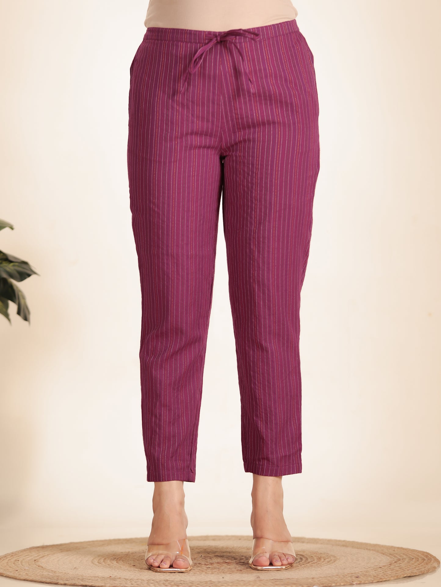 Kantha Cotton Woven Design Pink Tapered Tapered Trousers