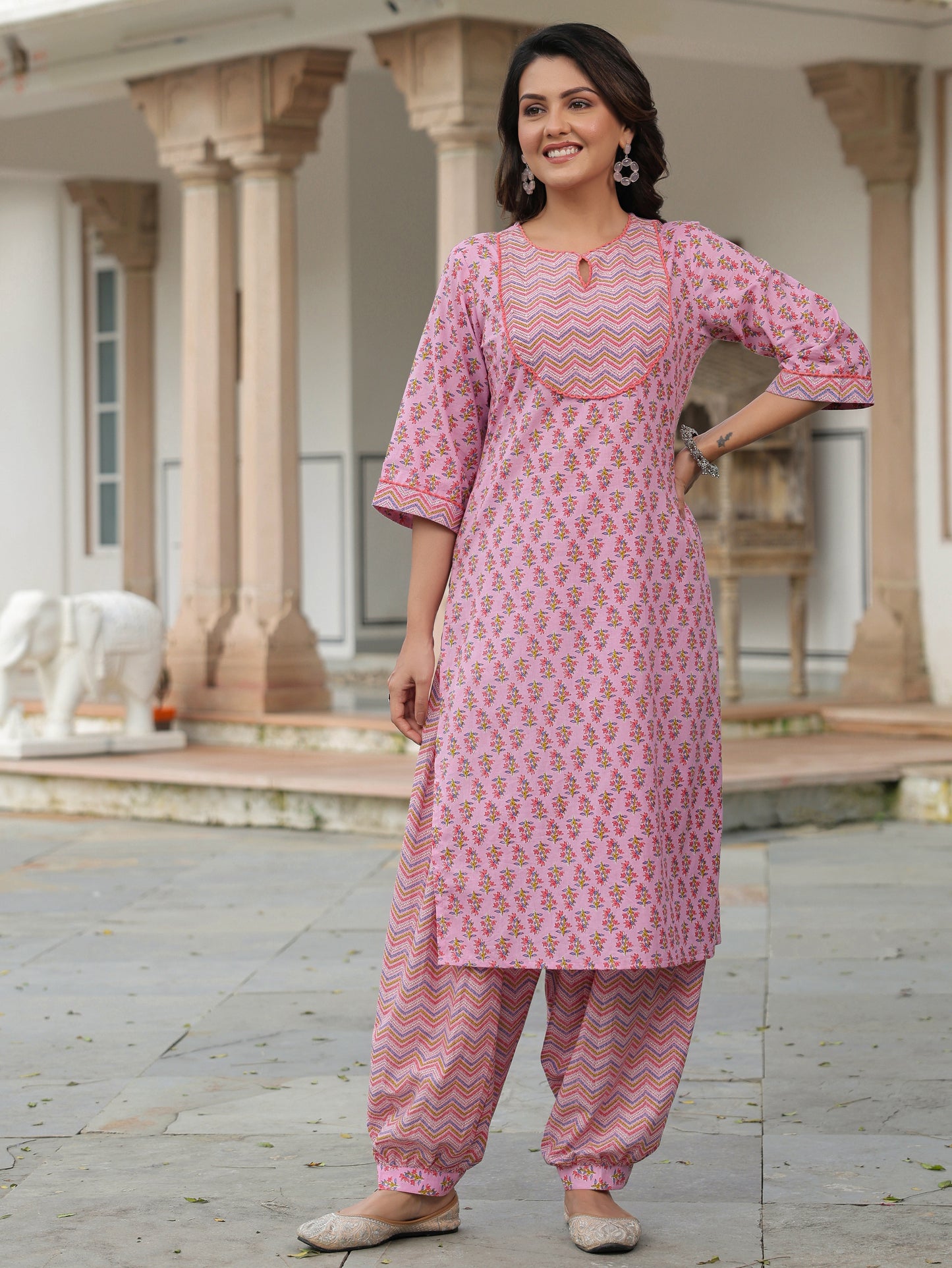 Soft Cotton Floral Straight Pink Kurta