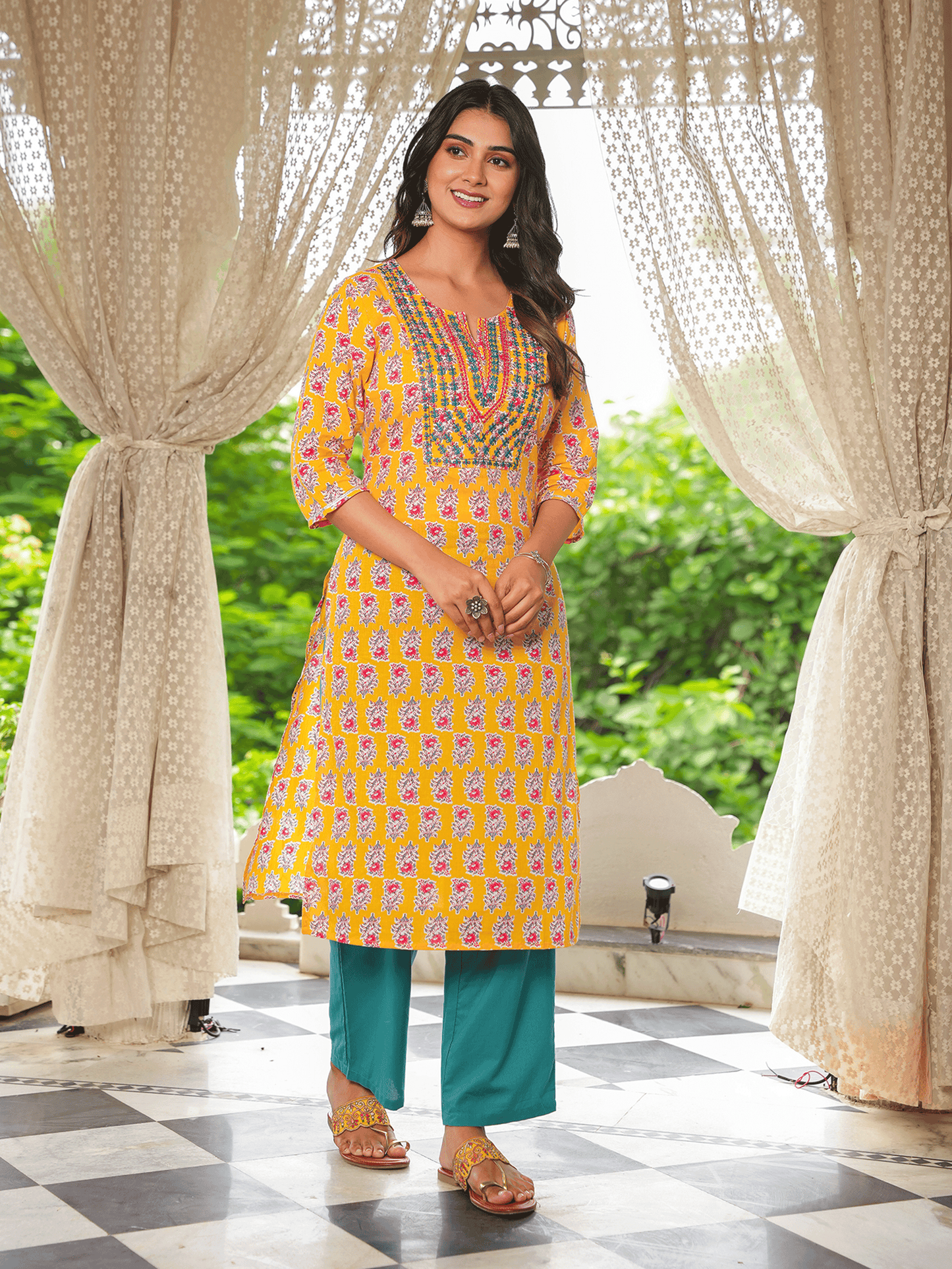 Soft Cotton Block Straight Yellow Kurta