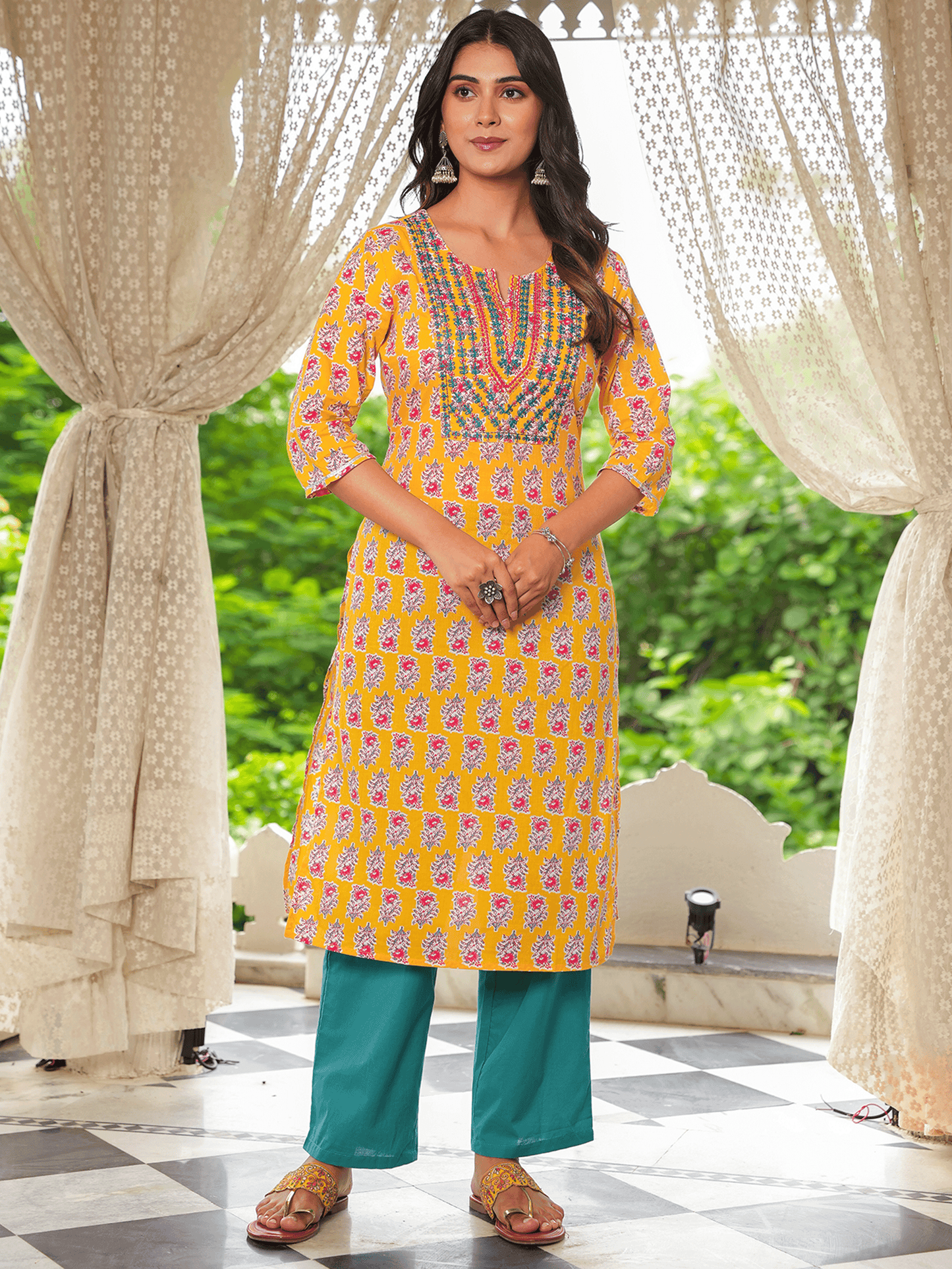 Soft Cotton Block Straight Yellow Kurta