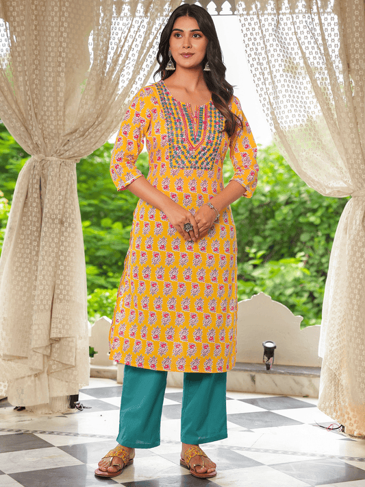 Embroidered Soft Cotton Block Straight Yellow Kurta