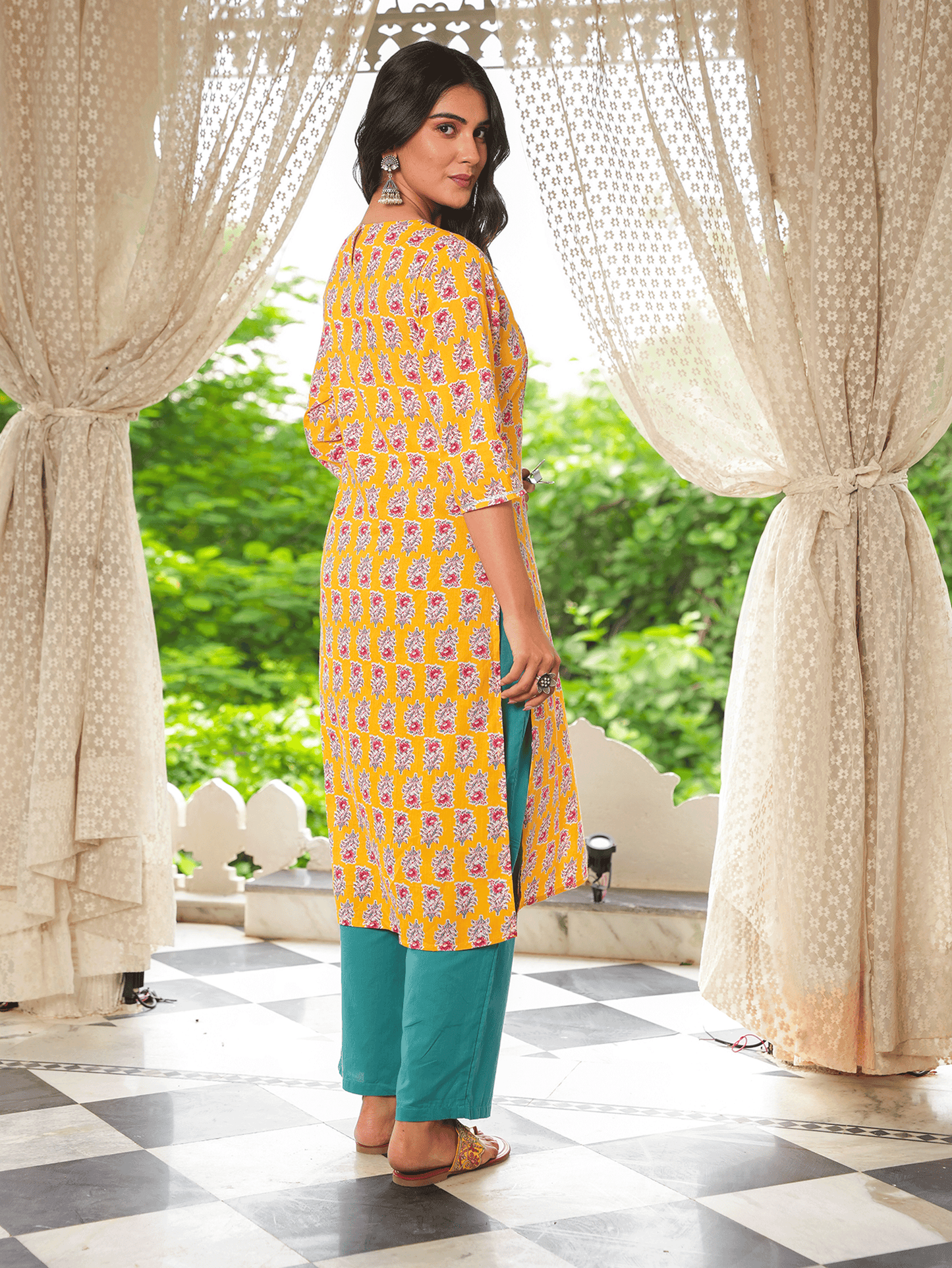 Soft Cotton Block Straight Yellow Kurta