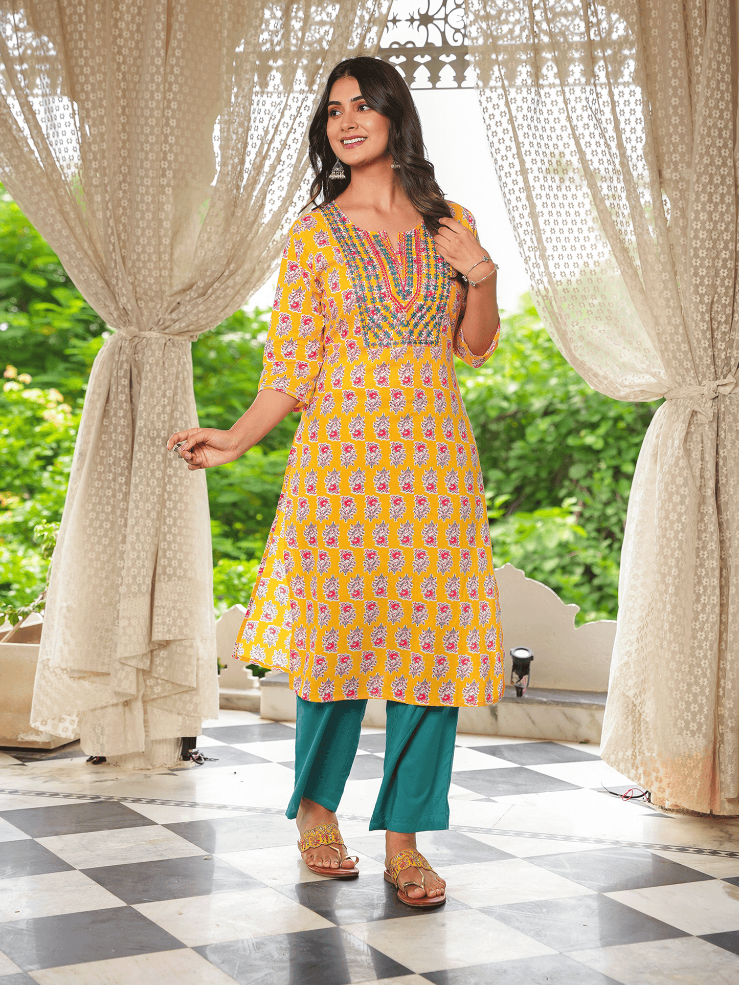 Soft Cotton Block Straight Yellow Kurta