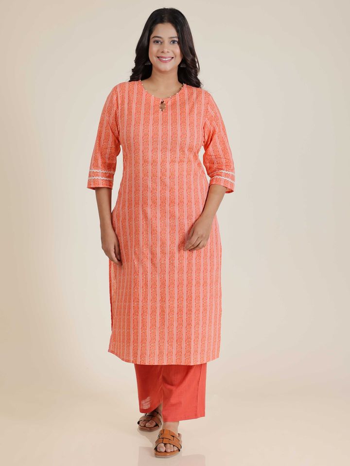 Soft Cotton Striped Straight Orange Kurta