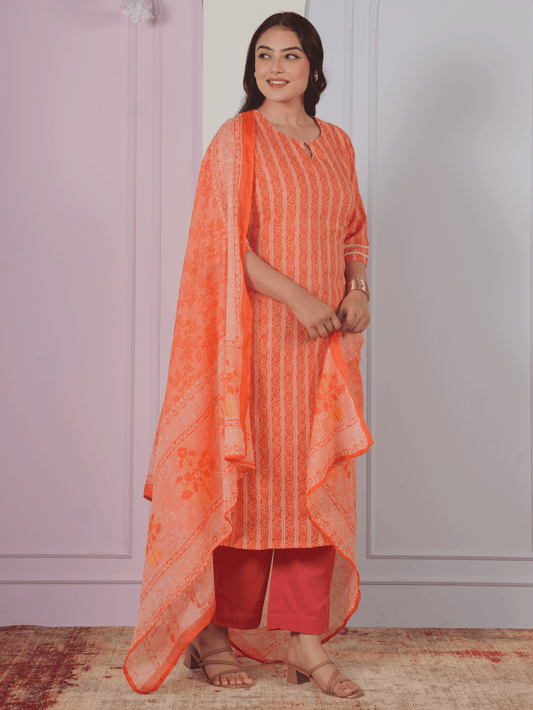 Cotton Voile Floral Orange Dupatta