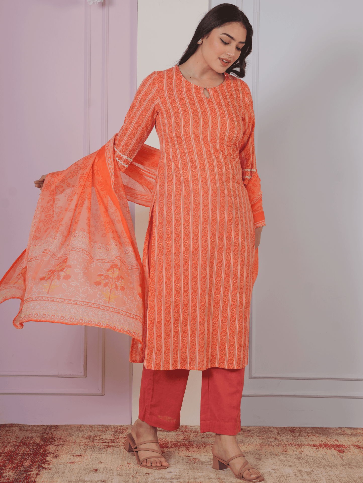 Cotton Voile Floral Orange Dupatta
