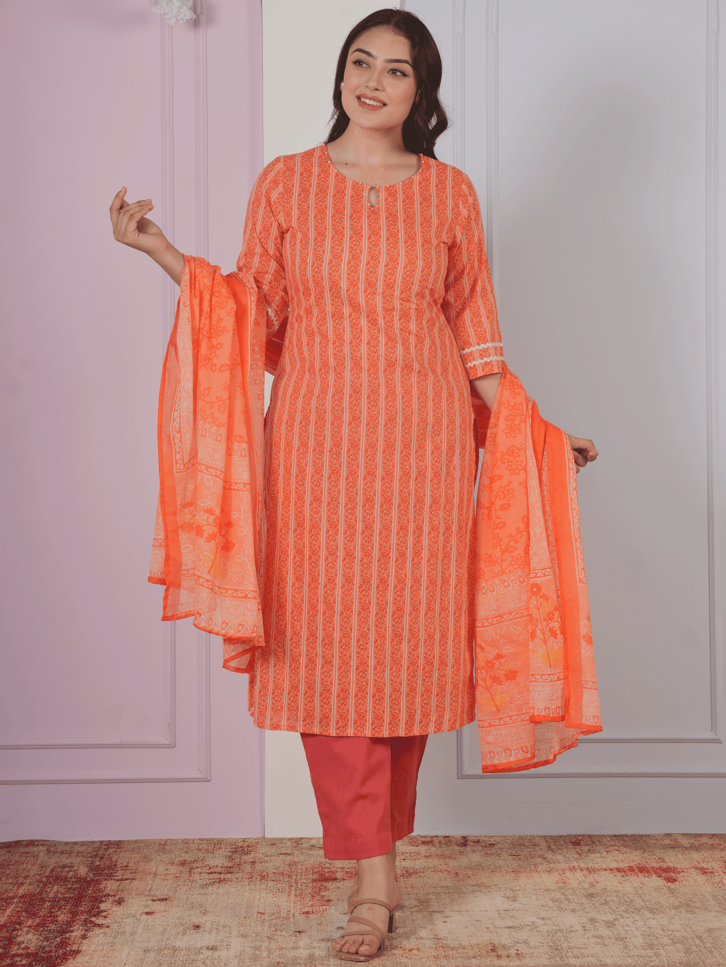 Cotton Voile Floral Orange Dupatta