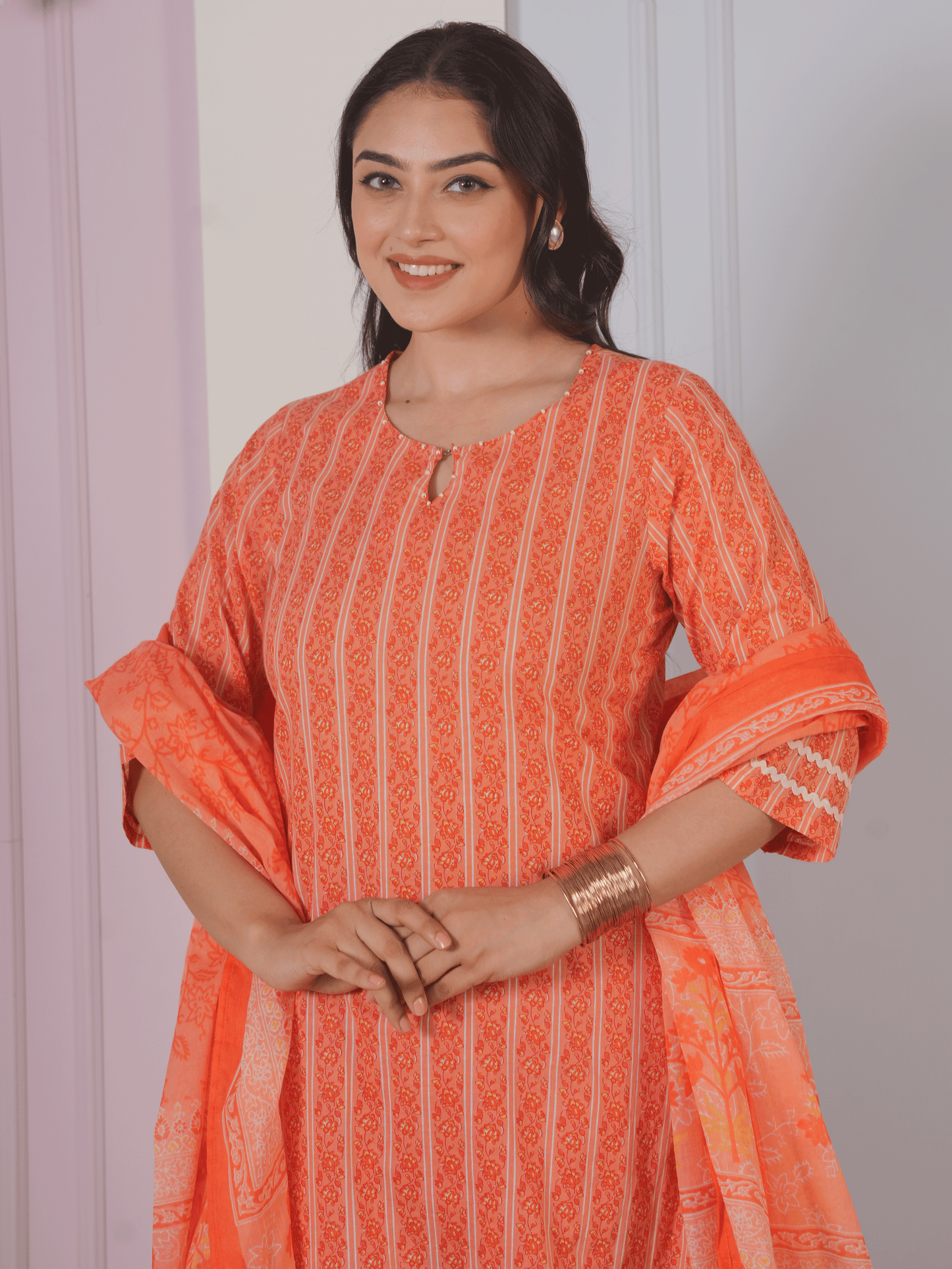 Cotton Voile Floral Orange Dupatta