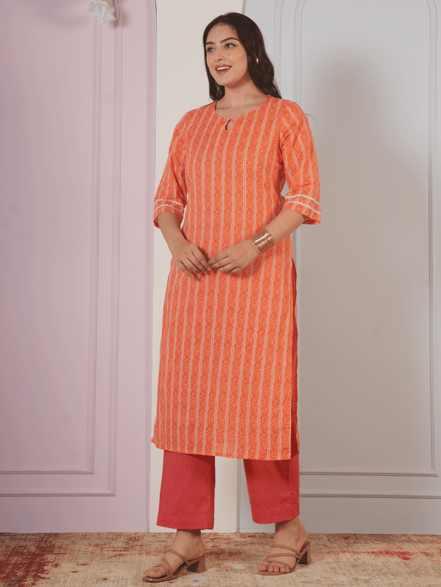 Soft Cotton Striped Straight Orange Kurta