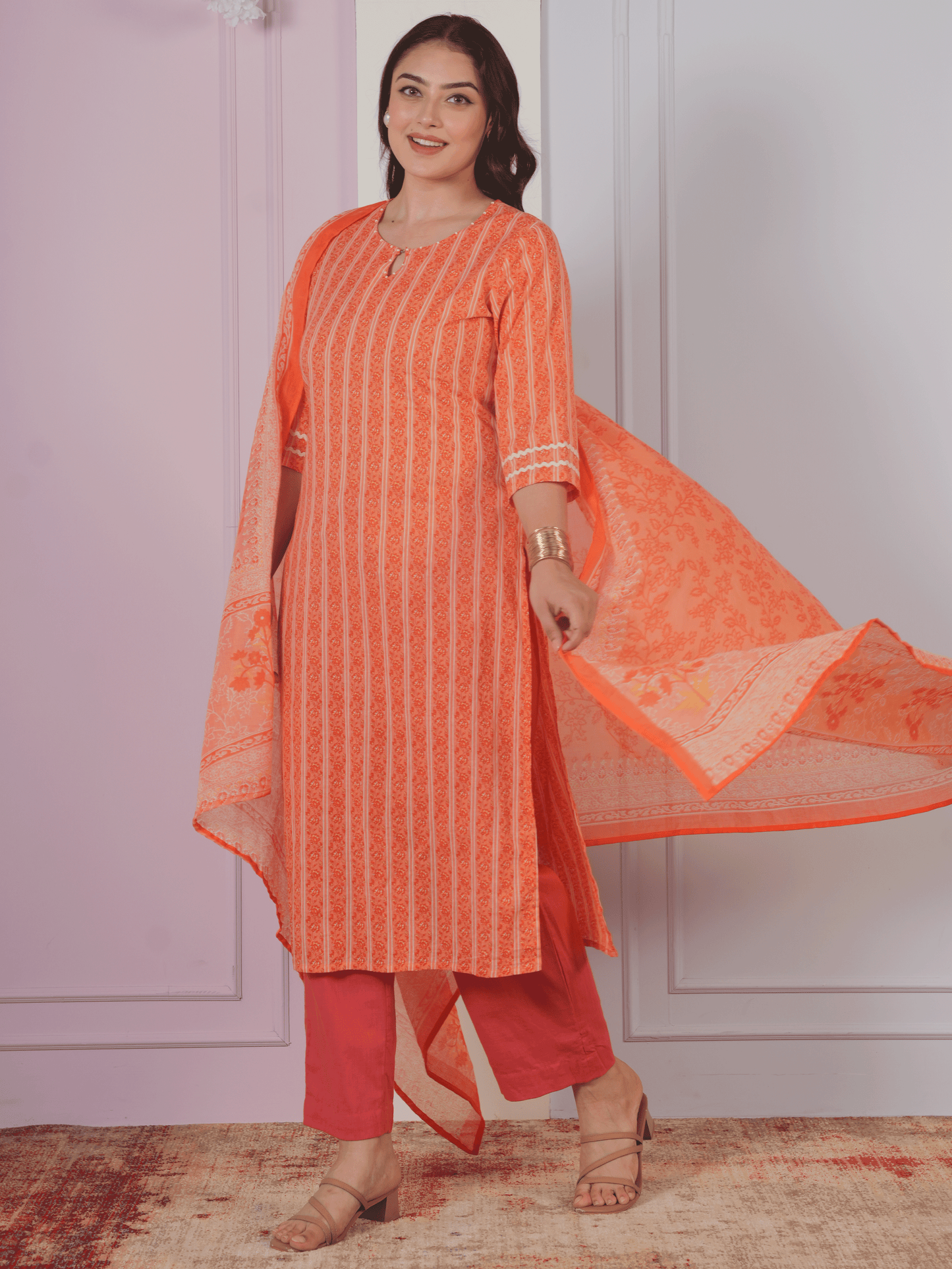 Soft Cotton Striped Straight Orange Kurta