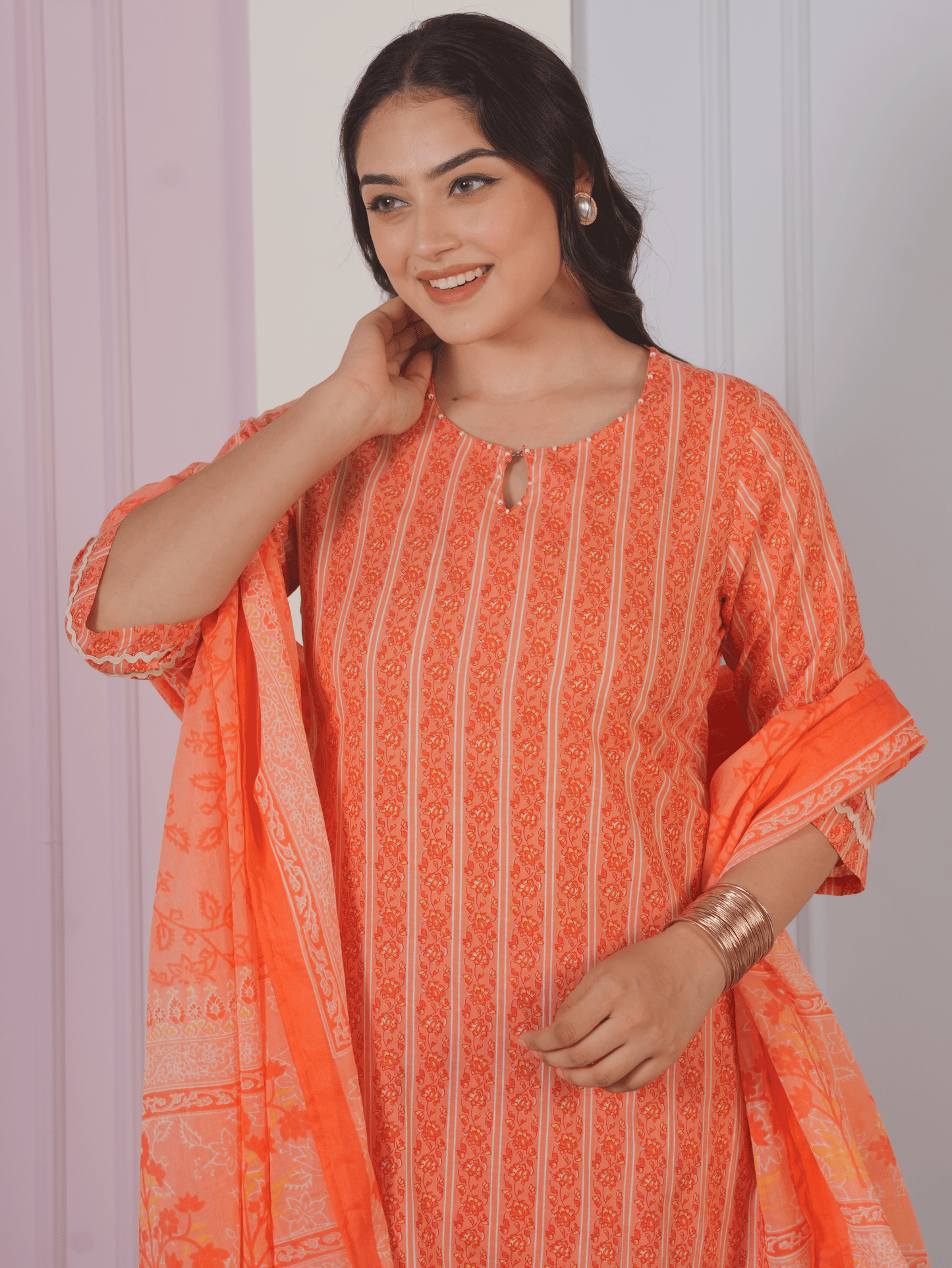 Soft Cotton Striped Straight Orange Kurta