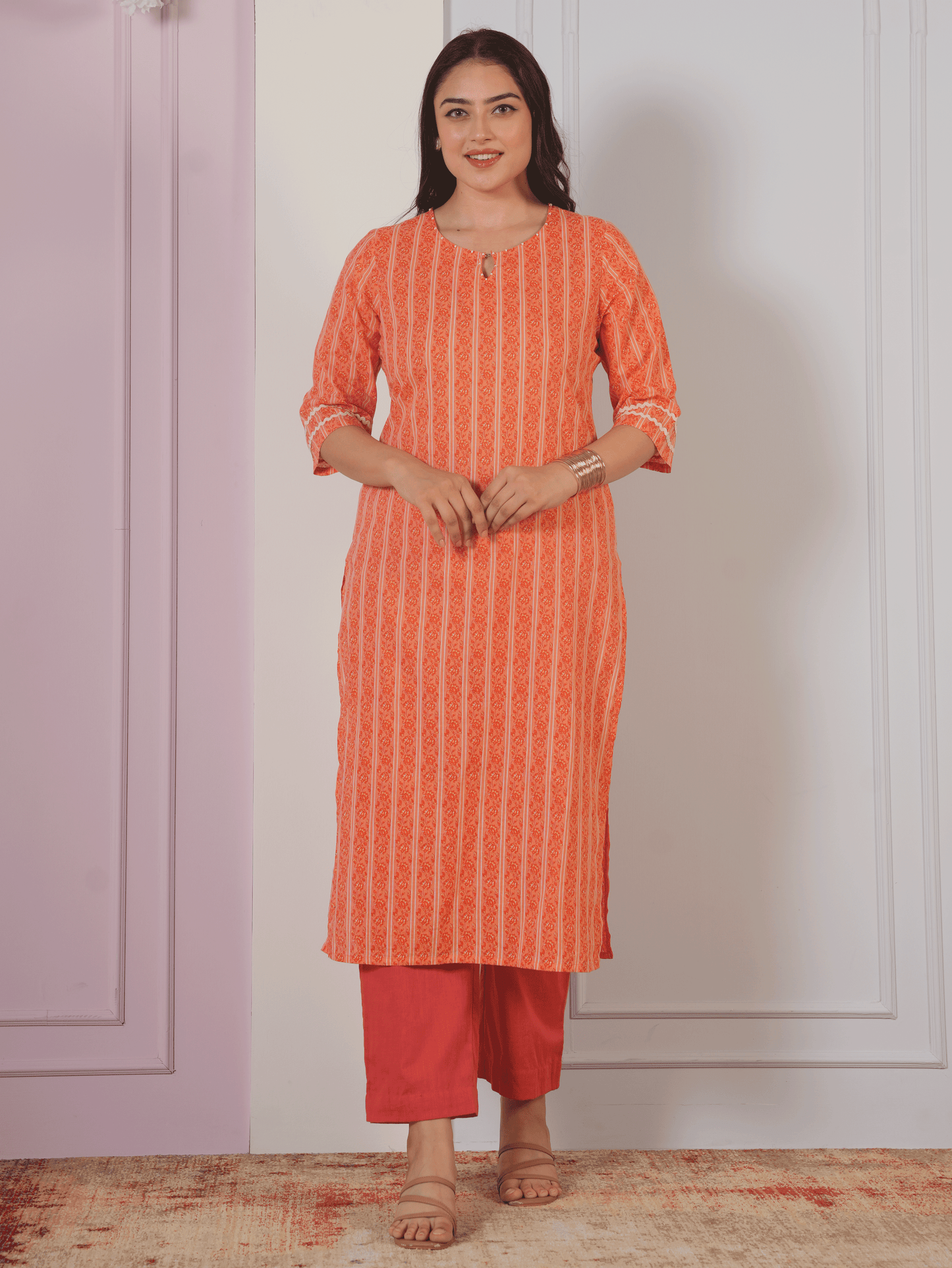 Soft Cotton Striped Straight Orange Kurta