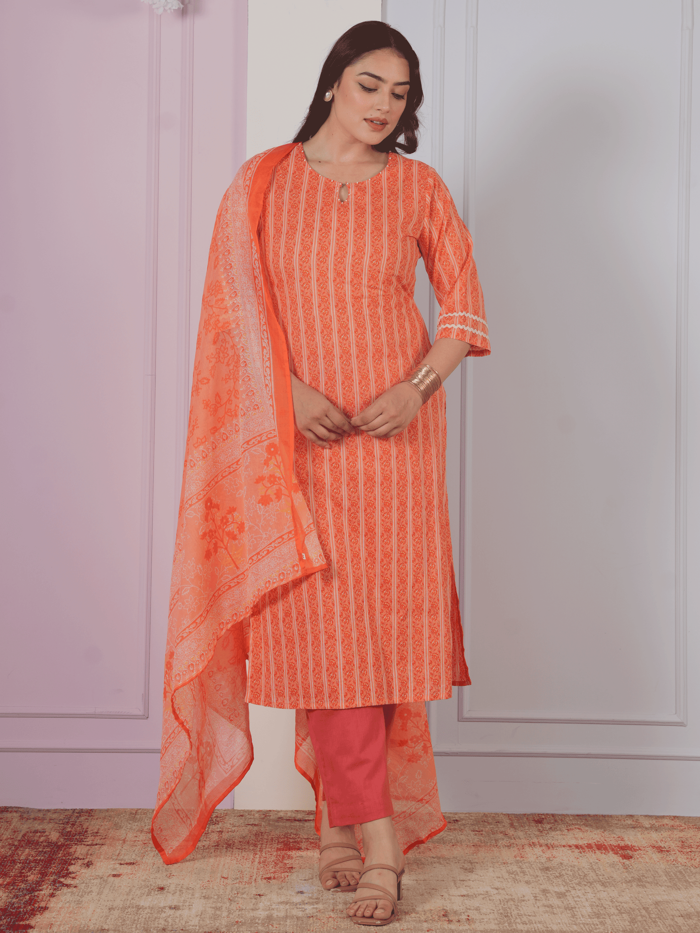 Soft Cotton Striped Straight Orange Kurta