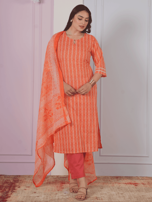 Soft Cotton Striped Straight Orange Kurta