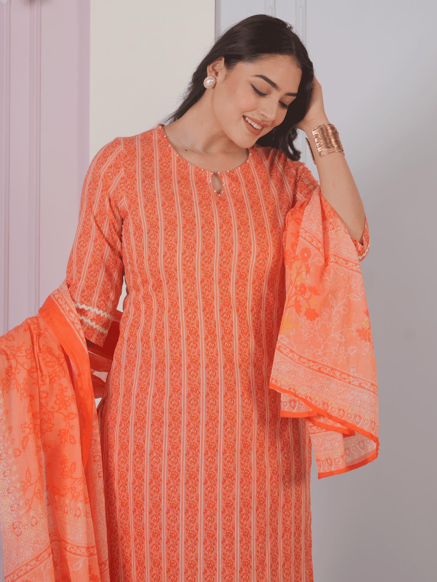 Soft Cotton Striped Straight Orange Kurta