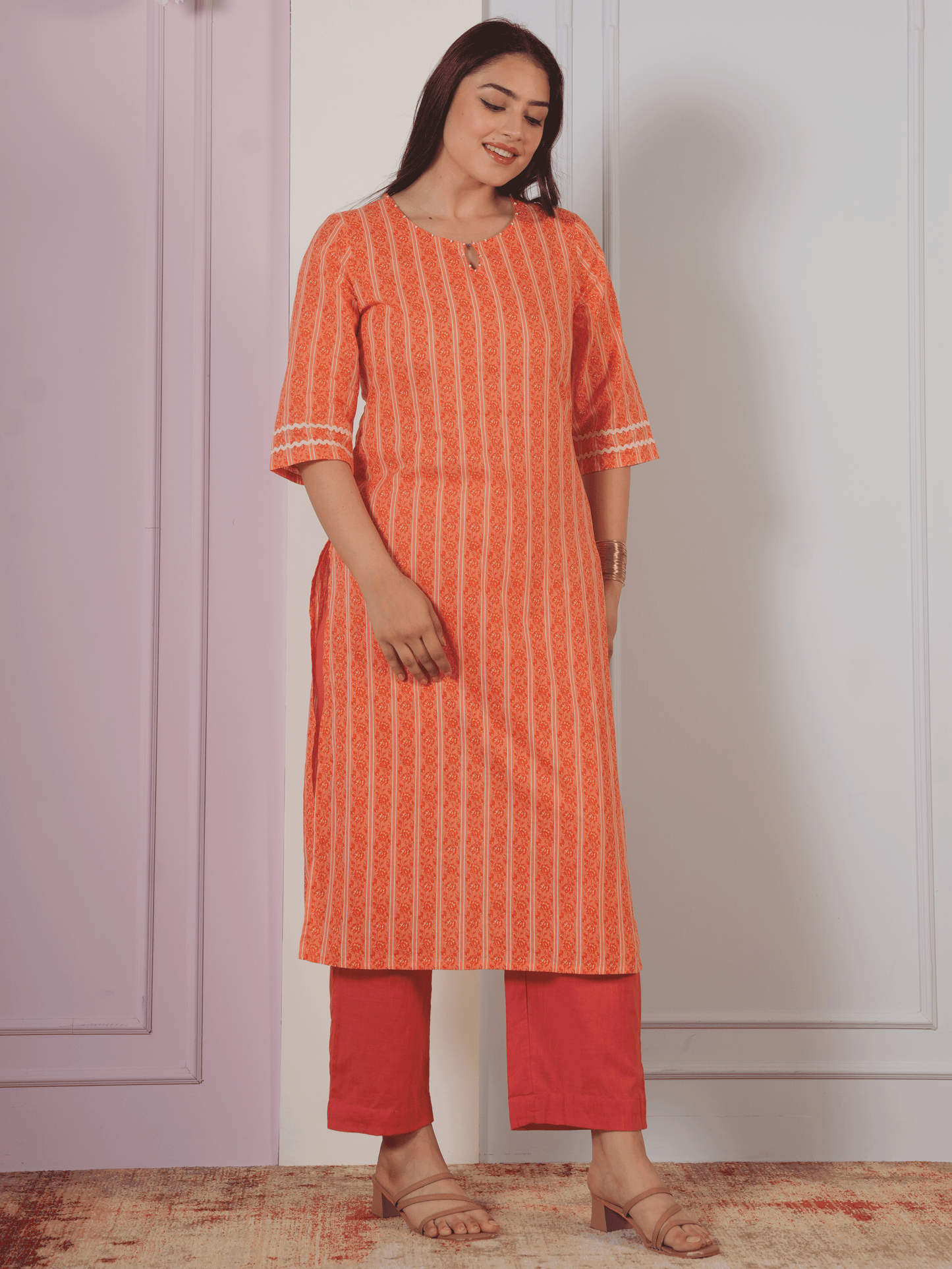 Soft Cotton Striped Straight Orange Kurta