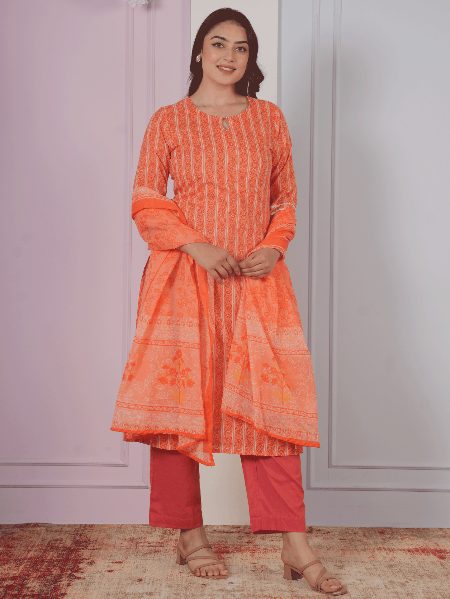 Soft Cotton Striped Straight Orange Kurta