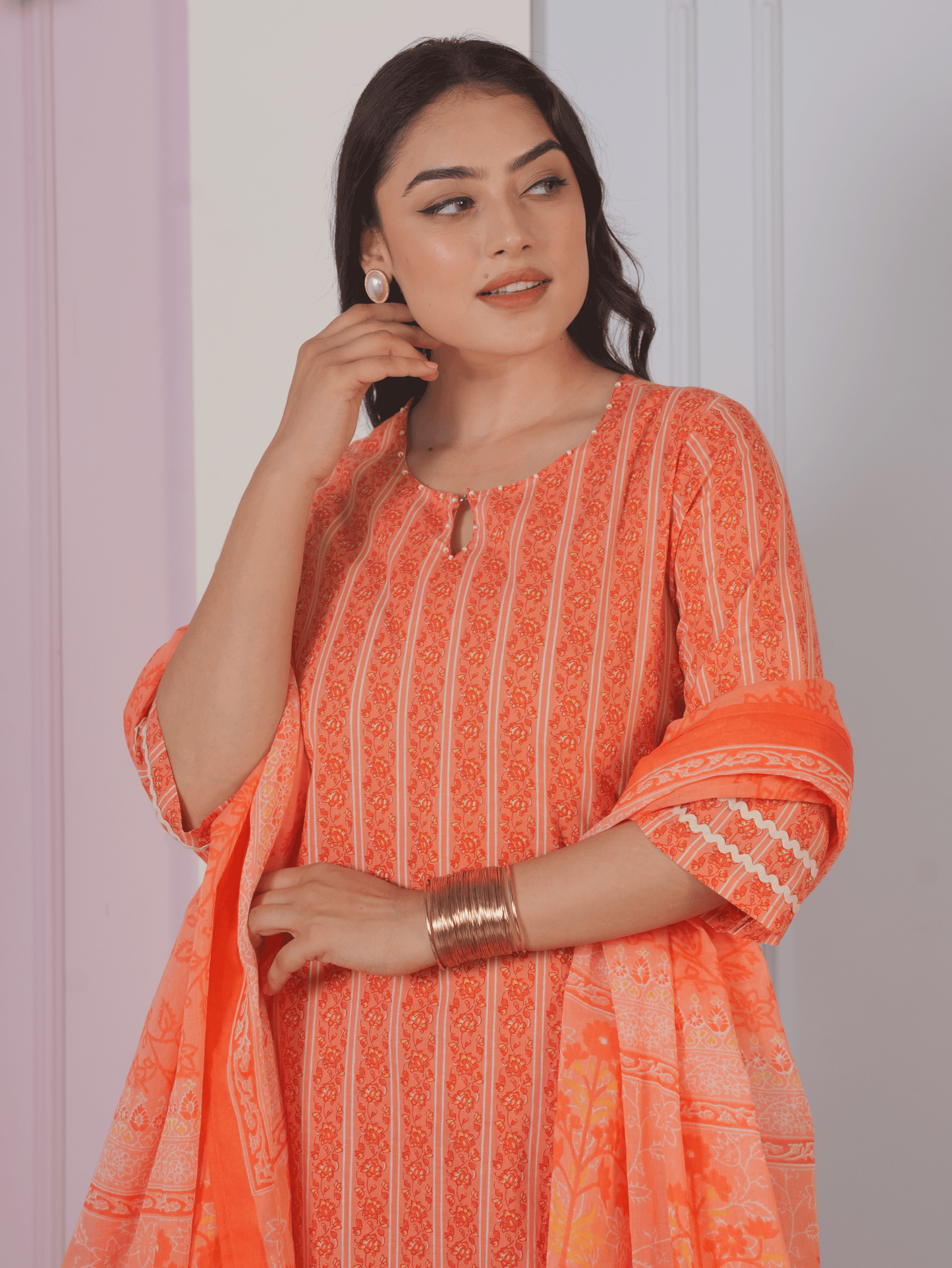 Soft Cotton Striped Straight Orange Kurta