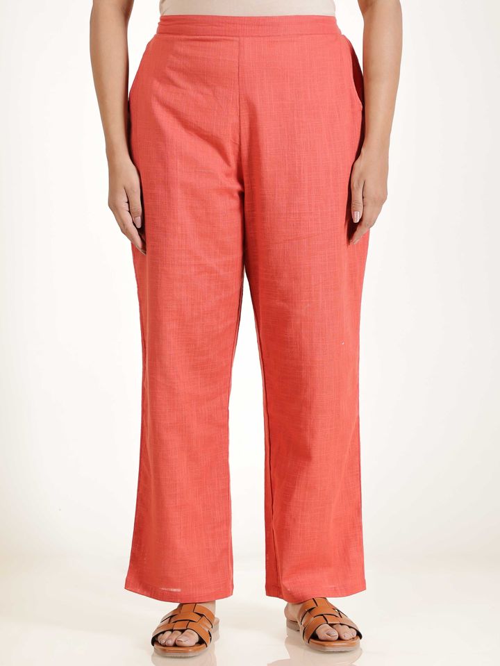 Natural Cotton Solid Pink Straight Trousers