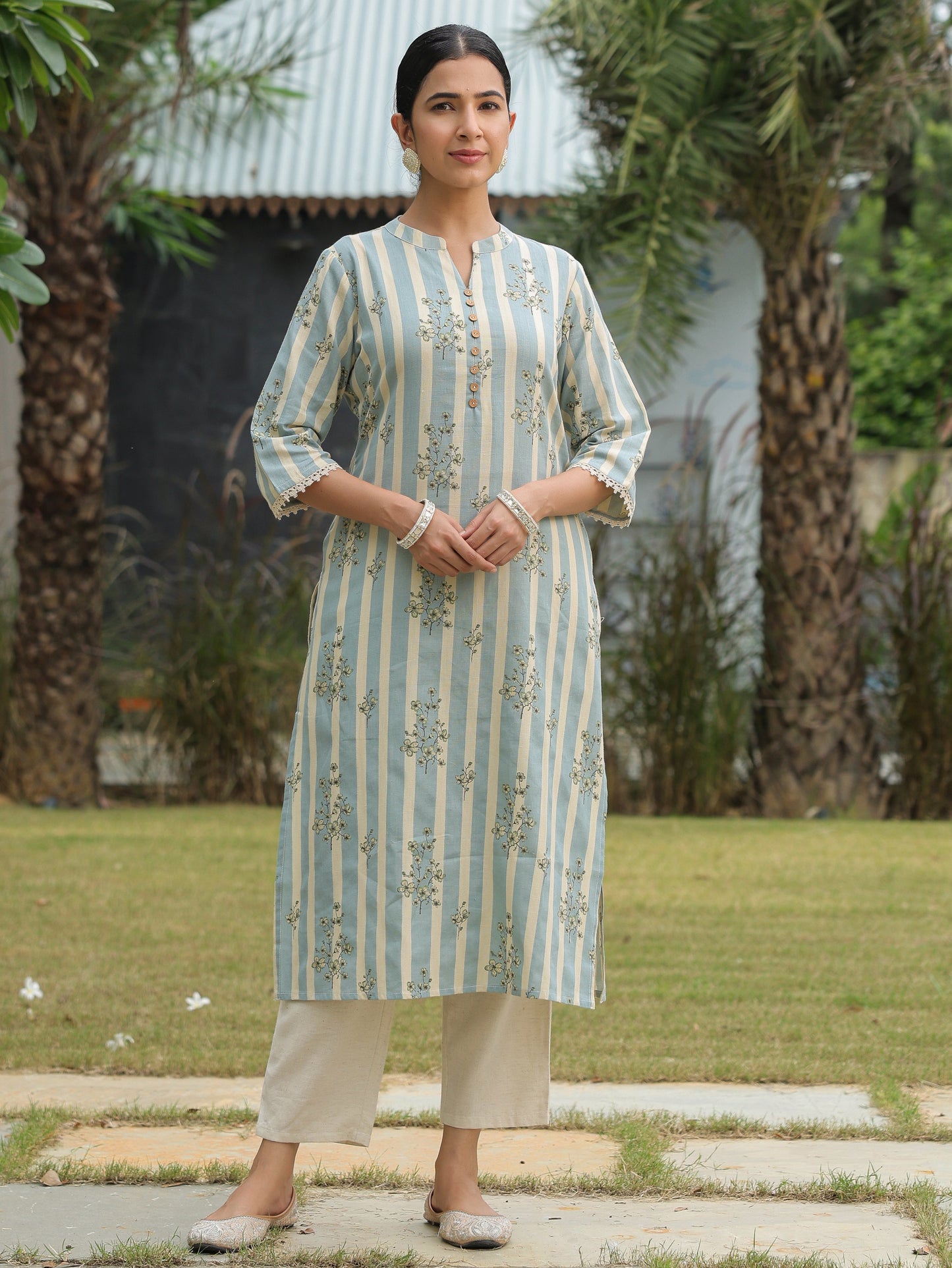 Linen Cotton Striped Straight Blue Kurta