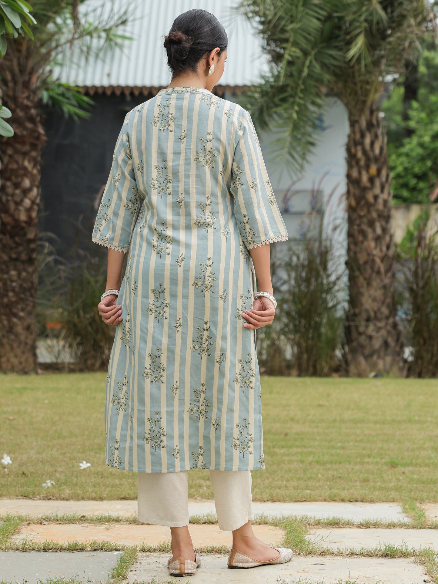 Linen Cotton Striped Straight Blue Kurta