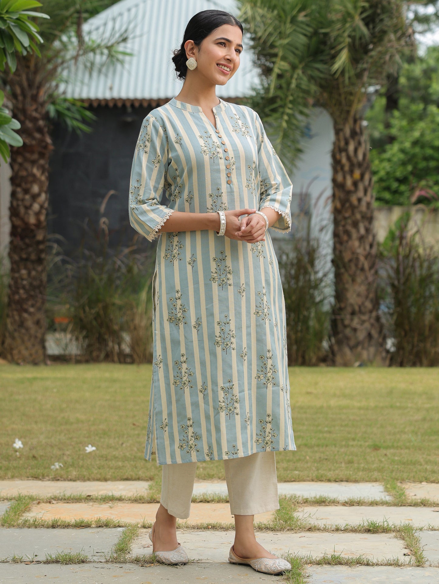 Linen Cotton Striped Straight Blue Kurta