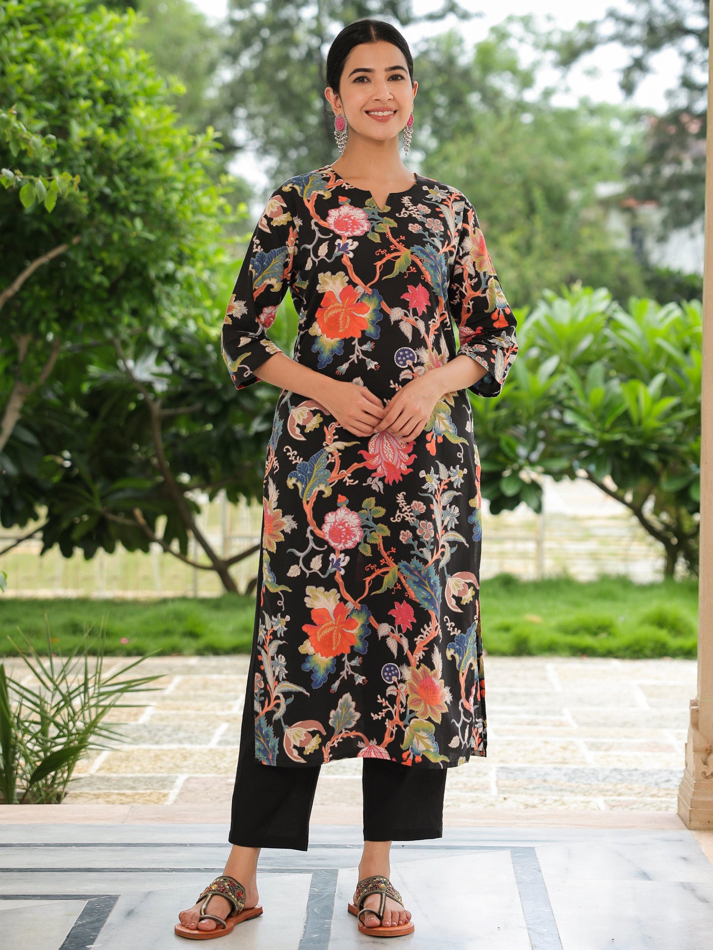 Soft Cotton Floral Straight Black Kurta