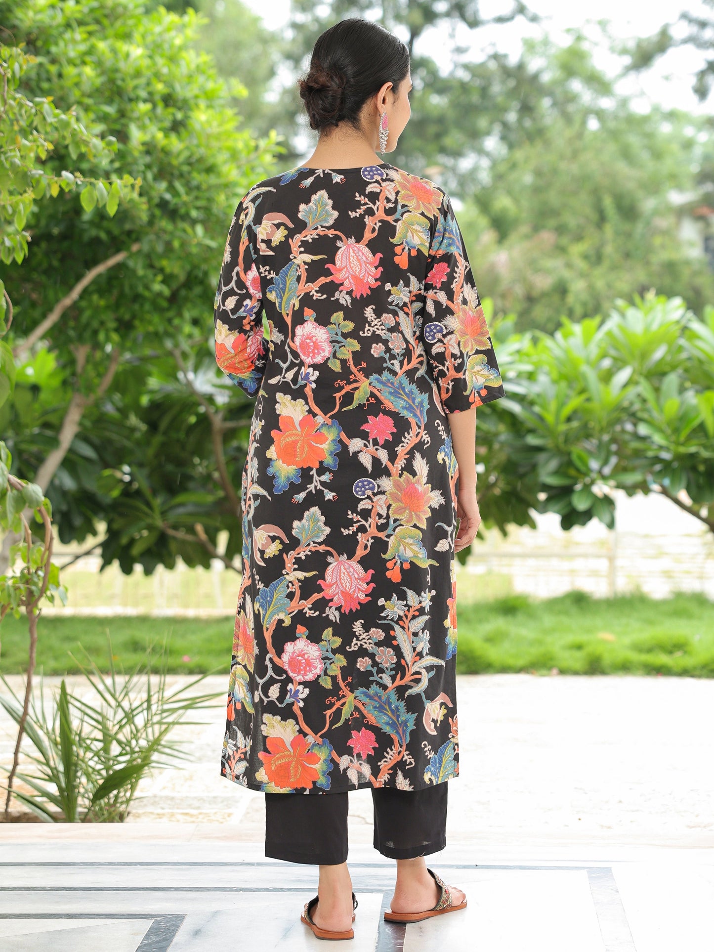 Soft Cotton Floral Straight Black Kurta