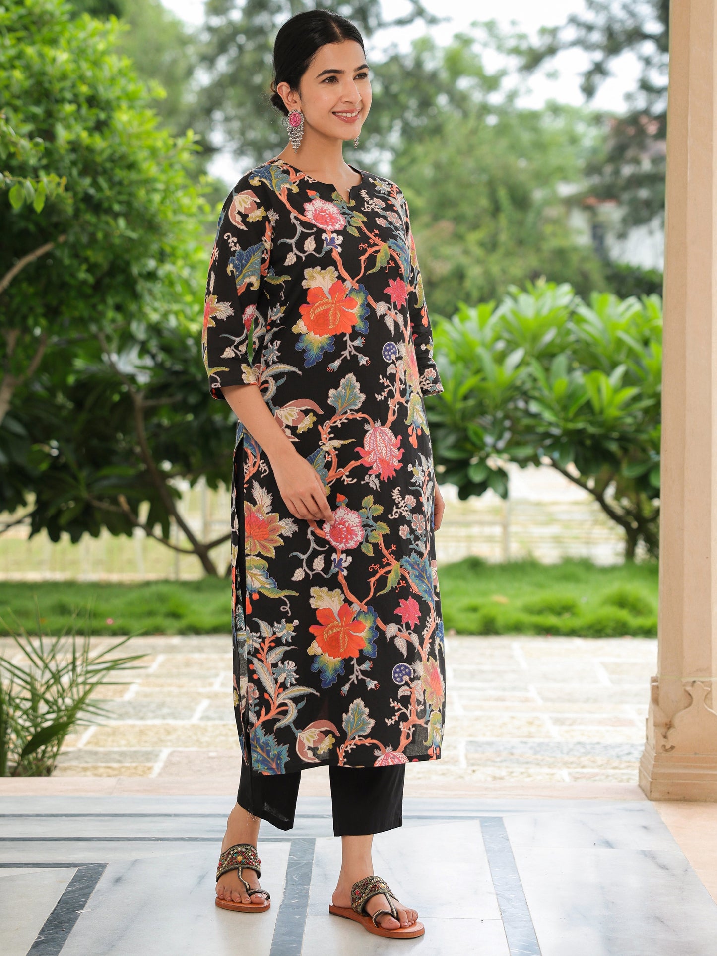 Soft Cotton Floral Straight Black Kurta