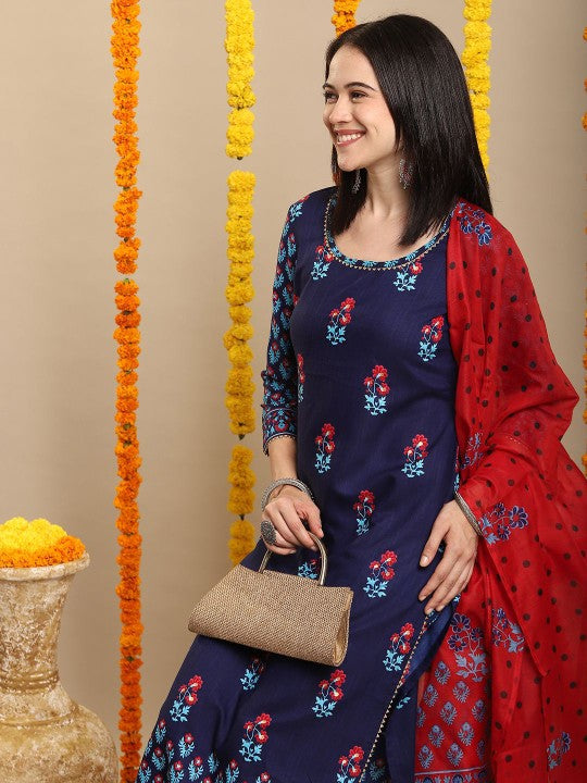 GoSriKi Ethnic Motifs Printed Straight Kurta with Palazzos & Dupatta