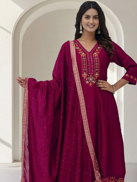 Floral Yoke Design Panelled Sequinned A-Line Kurta