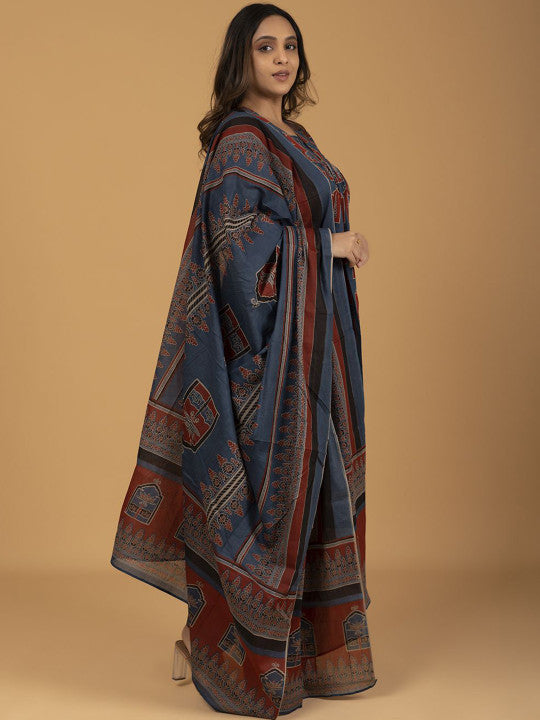 SPARSA Ethnic Motifs Printed Pleated Pure Cotton A-Line Kurta With Trousers & Dupatta