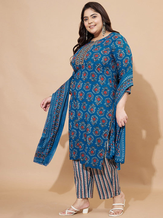 Vbuyz Blue Floral Printed Round Neck Regular Straight Kurta With Trouser With Dupatta