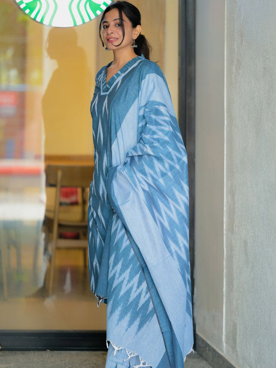 Vastara the Label Women Blue Handloom Ikkat Cotton Suit Set