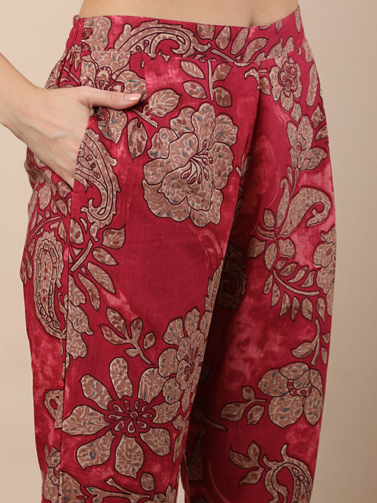 FASHOR Chevron Printed Panelled Pure Cotton A-Line Kurta With Trousers & Dupatta