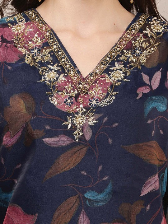Amodra Floral Printed Beads and Stones Organza Kurta