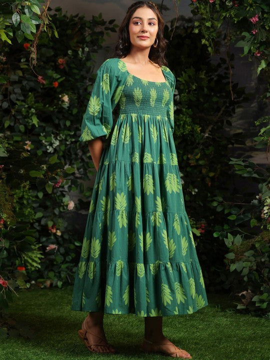 Anayna Printed Puff Sleeves Cotton Maxi Ethnic Dress