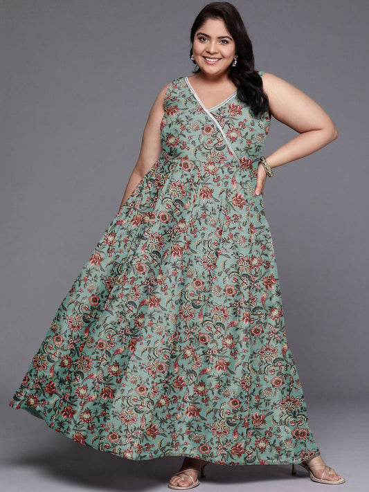 A PLUS BY AHALYAA Plus Size Silk V-Neck Ethnic Dresses