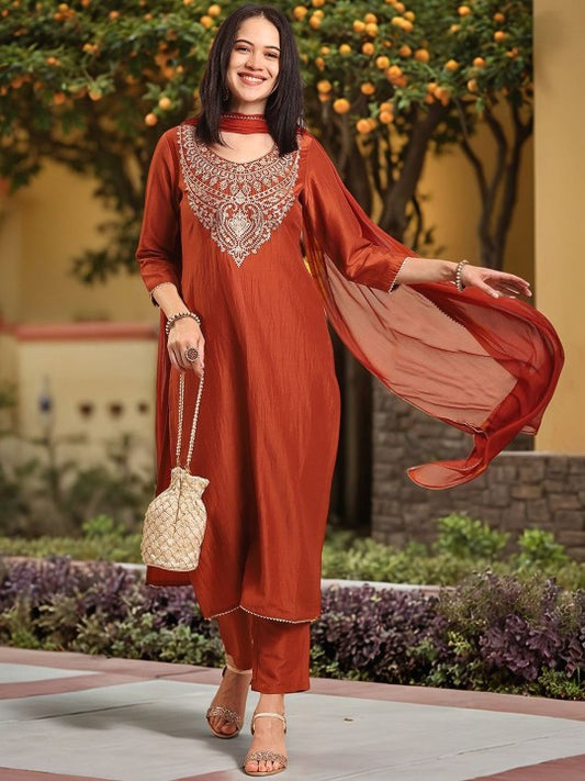 Floral Yoke Design Thread Work Kurta With Trousers & Dupatta