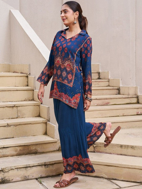 AUTUMN LANE Kabool Nileblue Printed Pure Cotton Tunic With Palazzo Co-Ords