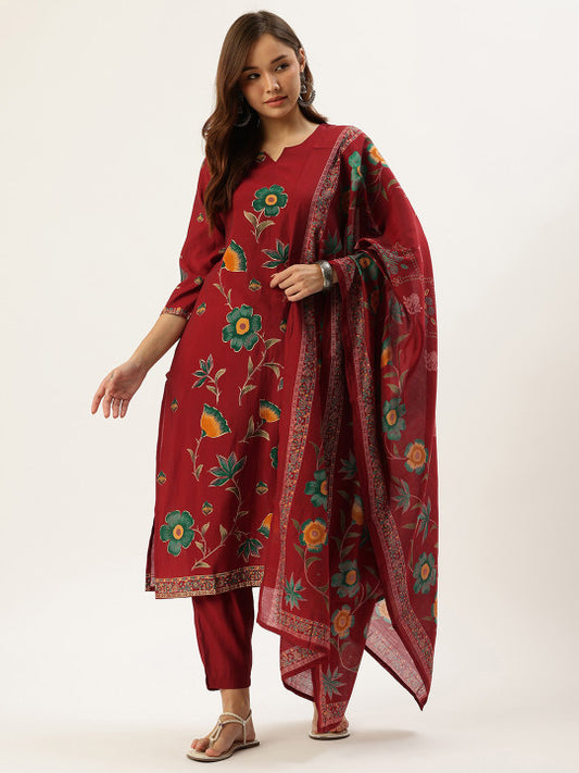 AMUKTI Floral Printed Straight Kurta With Trousers & Dupatta