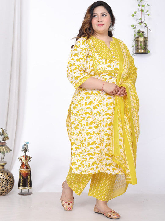 Swasti Plus Floral Printed Notch Neck Pure Cotton Straight Kurta With Trousers & Dupatta