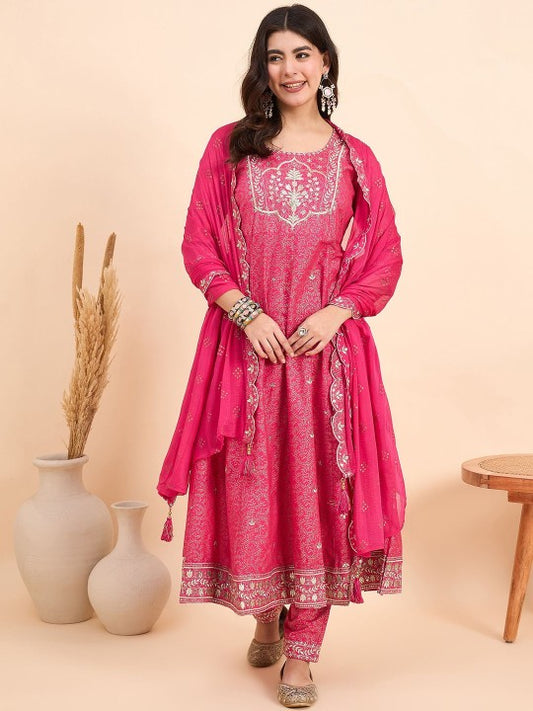 Anouk Floral Printed Sequinned Round Neck A-Line Kurta With Trousers & Dupatta