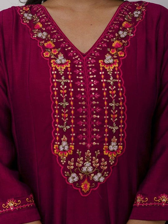 Floral Yoke Design Panelled Sequinned A-Line Kurta