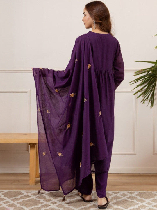 AUTUMN LANE Women Ethnic Motifs Printed Pure Cotton A-Line Kurta with Trouser & Dupatta