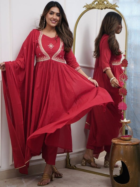 ASCIIBLUES Women Ethnic Motifs Embroidered Cotton Kurta with Trousers & Dupatta